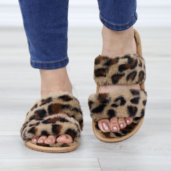 Leopard Tan Puff Fuzzy Fluffy Slip On Plush Slippers Double Strap - Picture 3 of 16